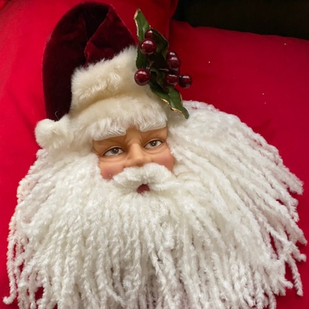 Vintage Victorian Luxury Hanging Santa Head Decor w/Red Velvet Hat & Soft Beard